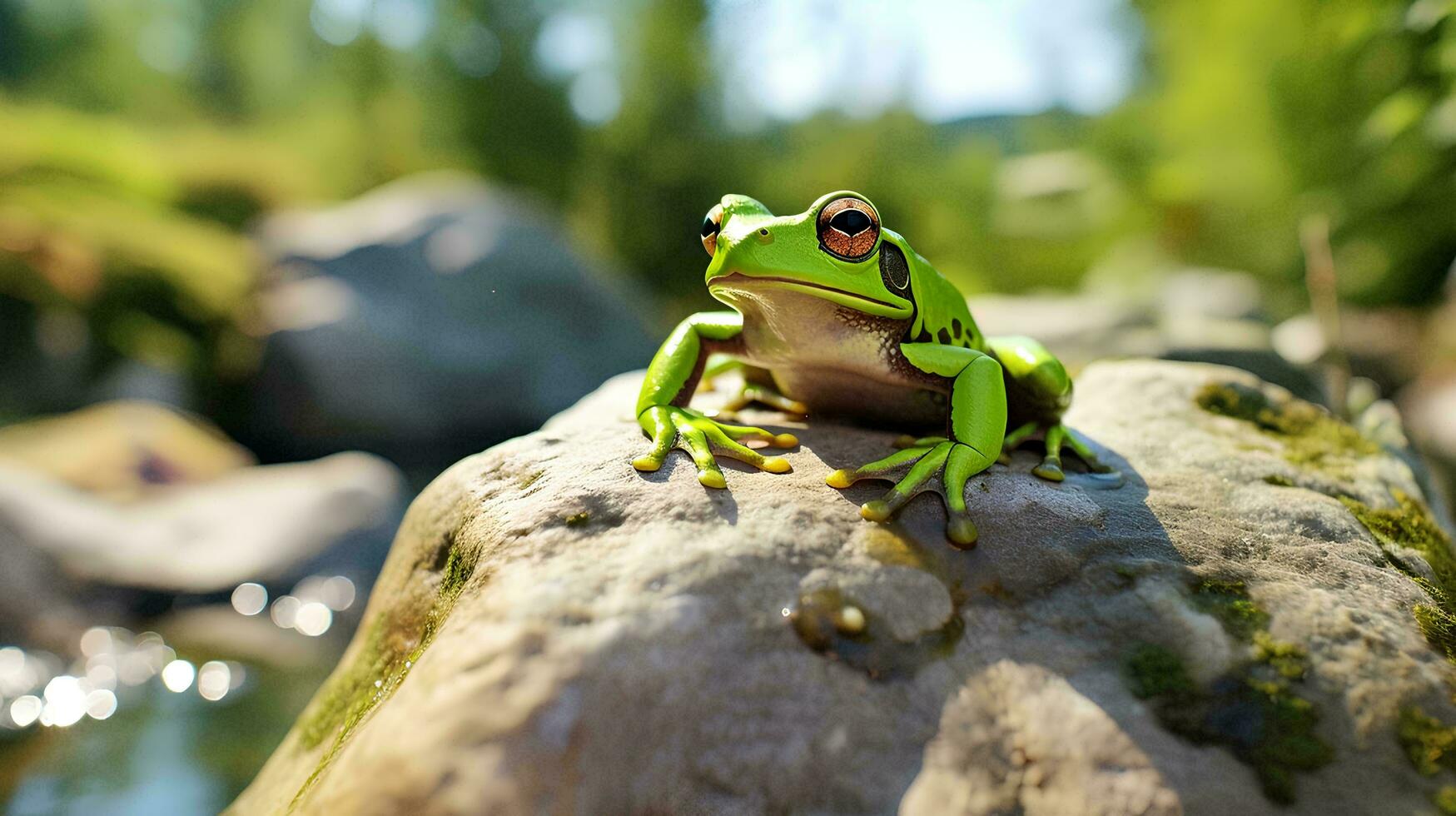 a frog animal sitting on a beautiful river rock, AI Generative photo