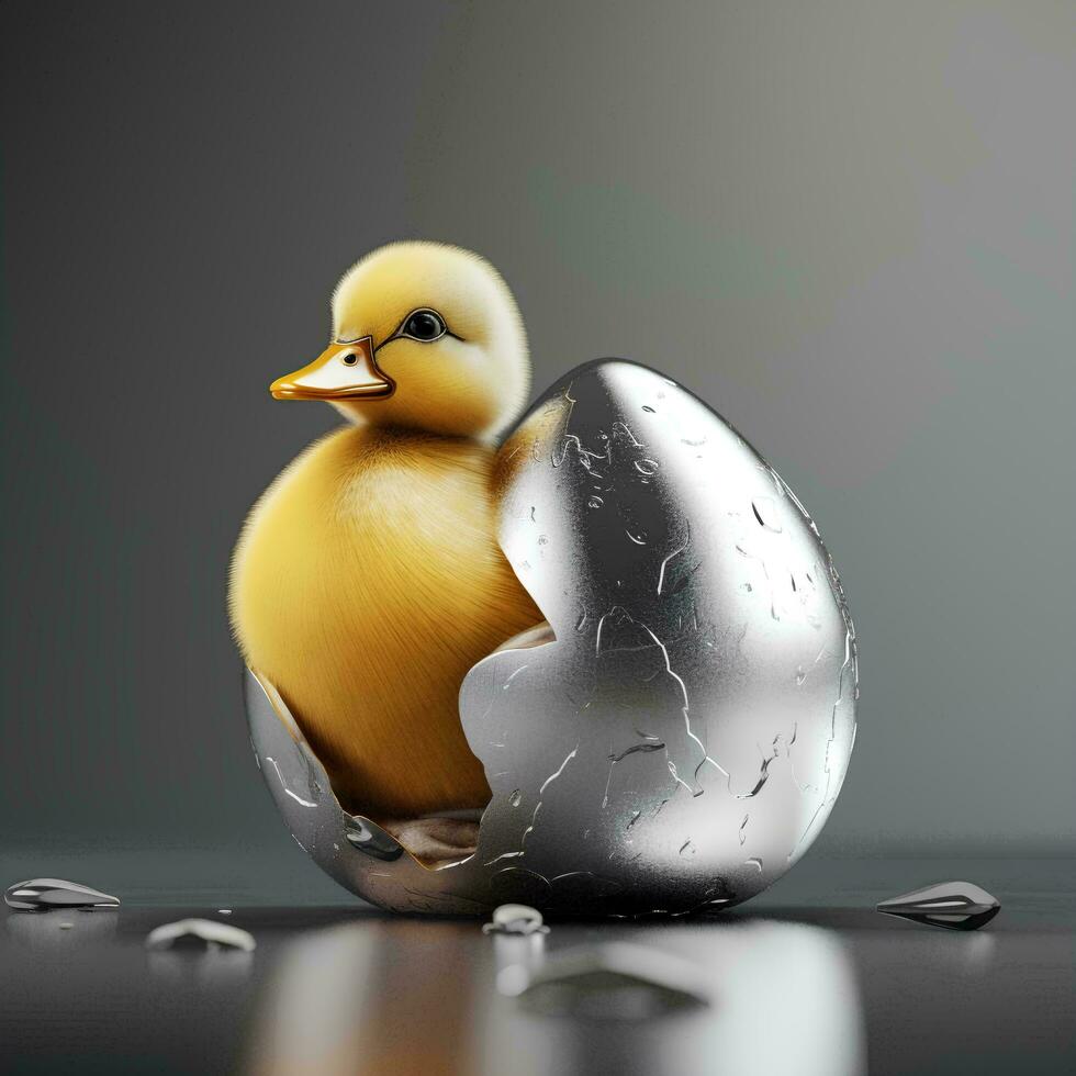 a duck is sitting inside of a silver egg, AI Generative photo