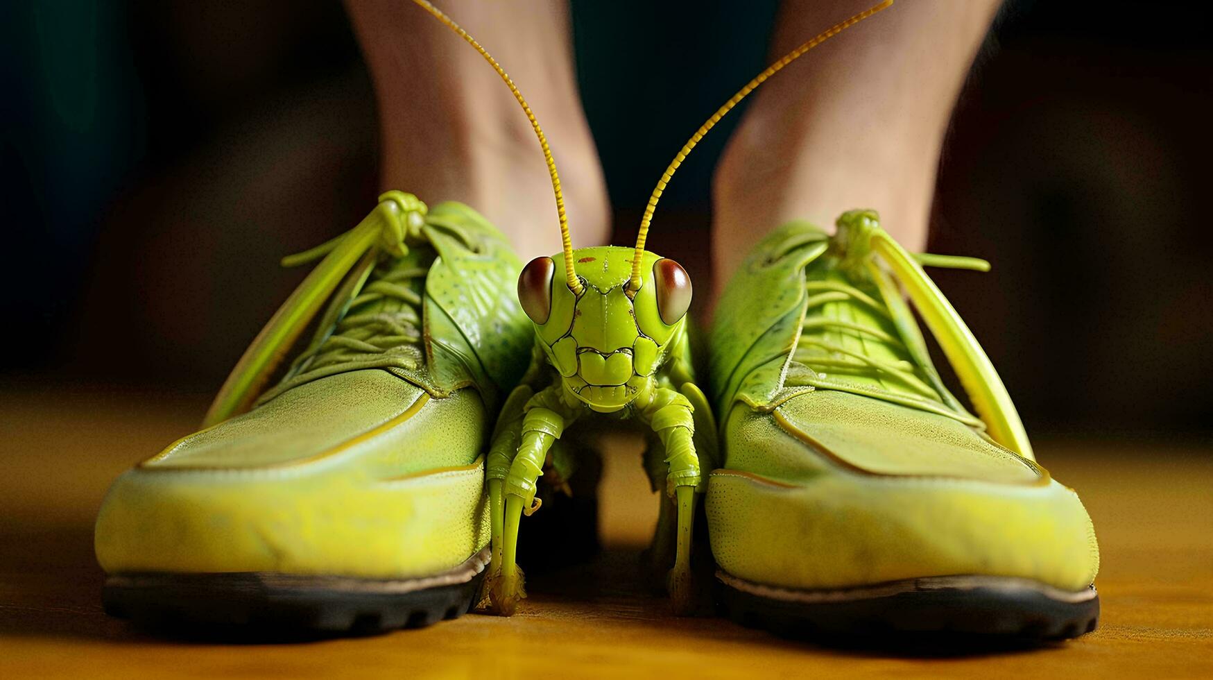 a person wearing green shoes with a grasshopper on the bottom, AI Generative photo