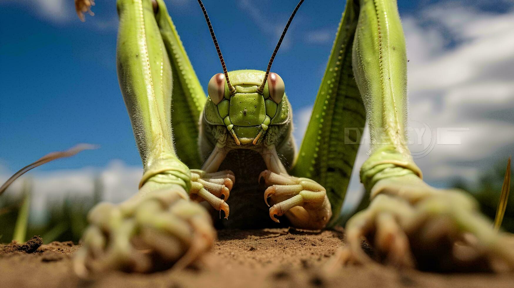 a grasshopper with its legs spread out on the ground, AI Generative photo