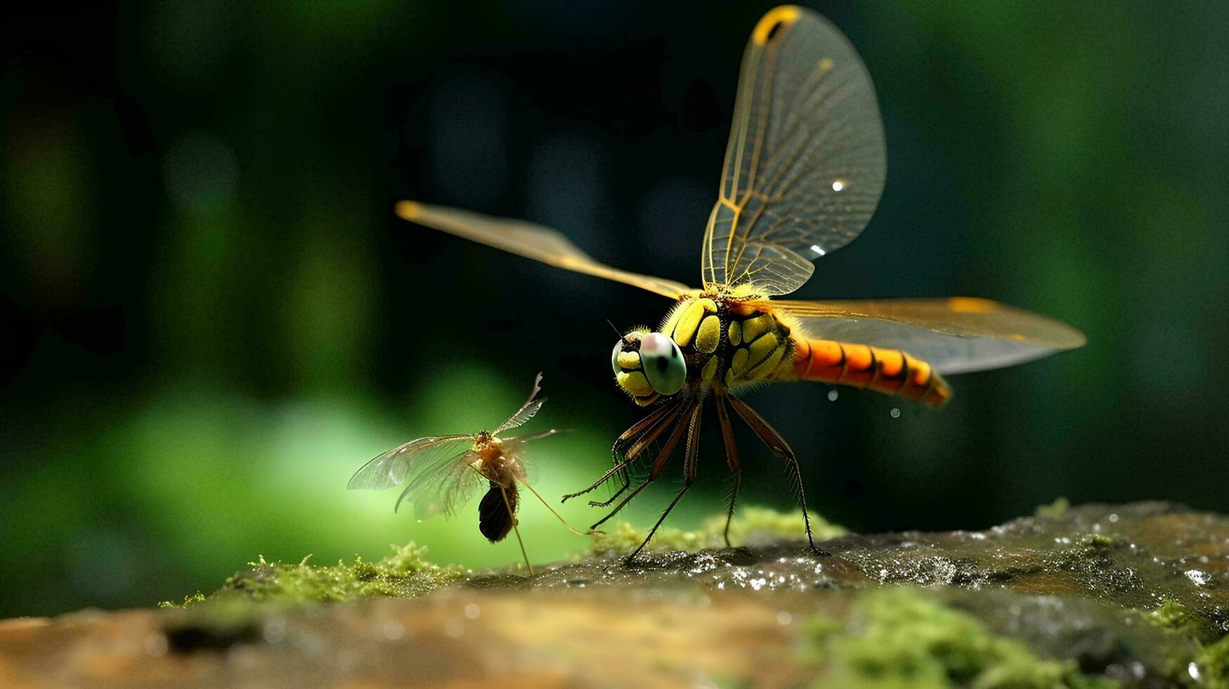 a dragonfly and a small insect on a mossy branch photo