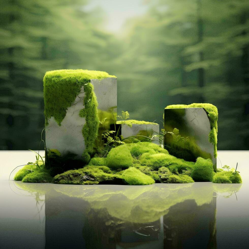 césped o musgo en un 3d paisaje estilo concepto hermosamente desplegado en cuadrado rocas, ai generativo foto