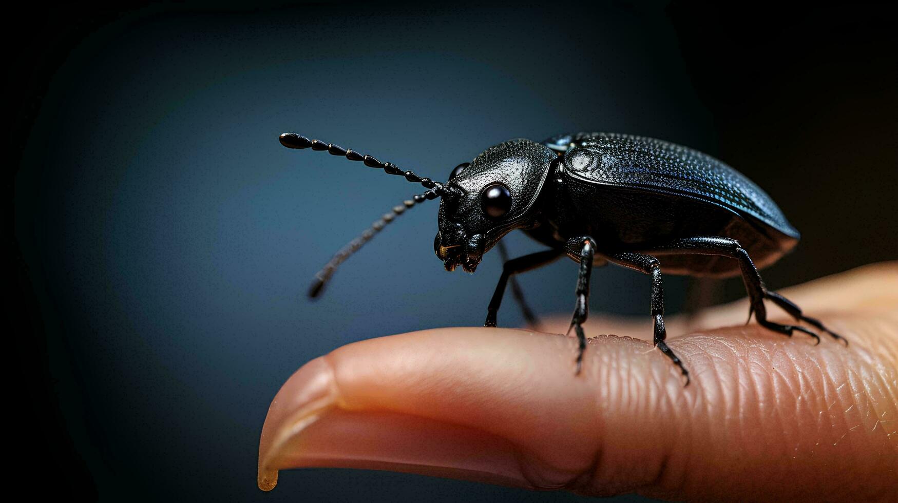 un negro escarabajo camina en un humano dedo, ai generativo foto