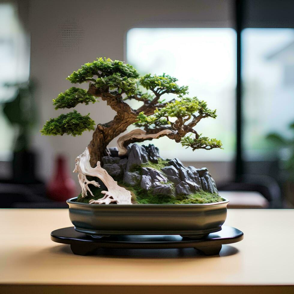 bonsai plants in pots for room decoration, AI generative photo