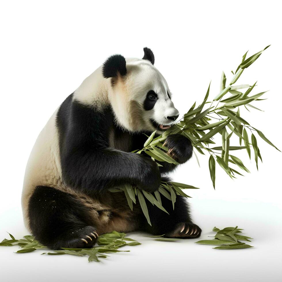 a panda eating bamboo on an isolated white background, AI Generative photo