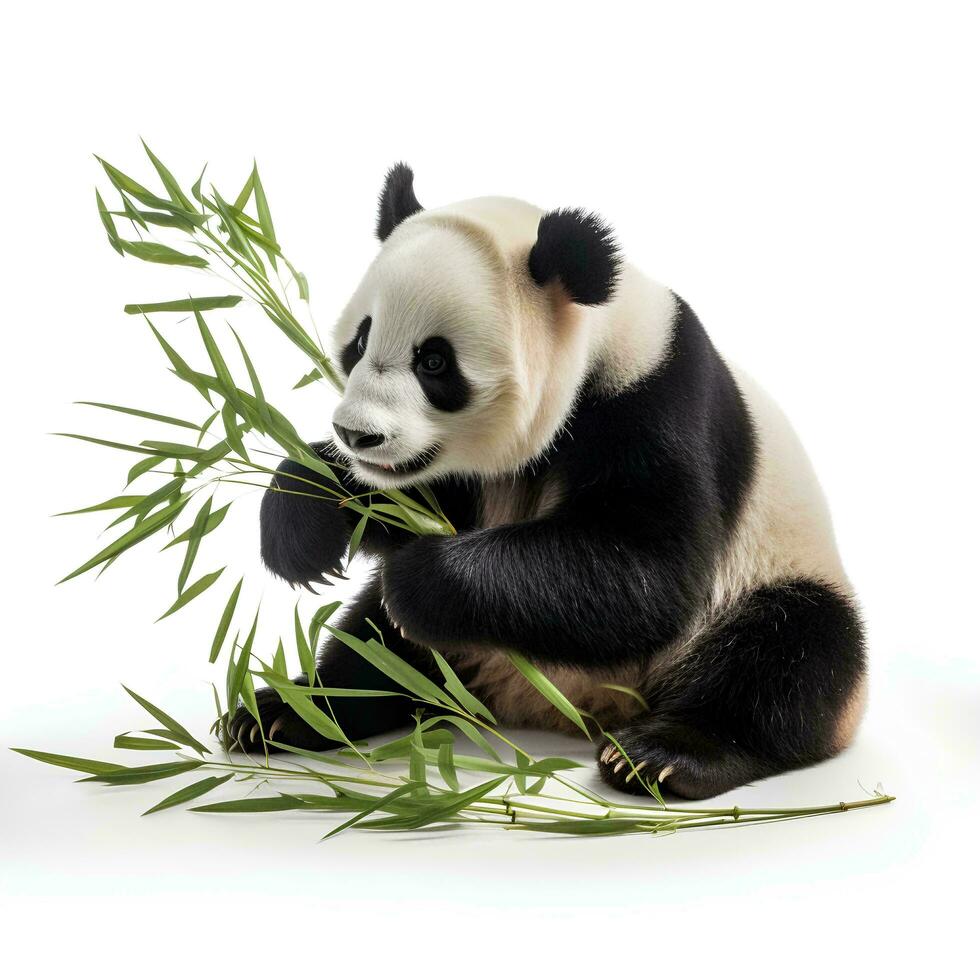 un panda comiendo bambú en un aislado blanco fondo, ai generativo foto