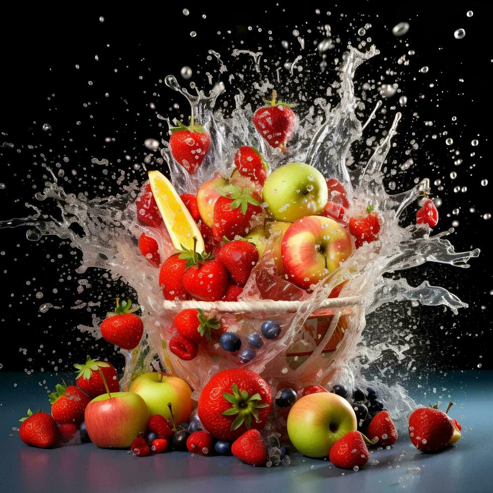 a basket of fresh fruit with a water splash effect, AI Generative photo