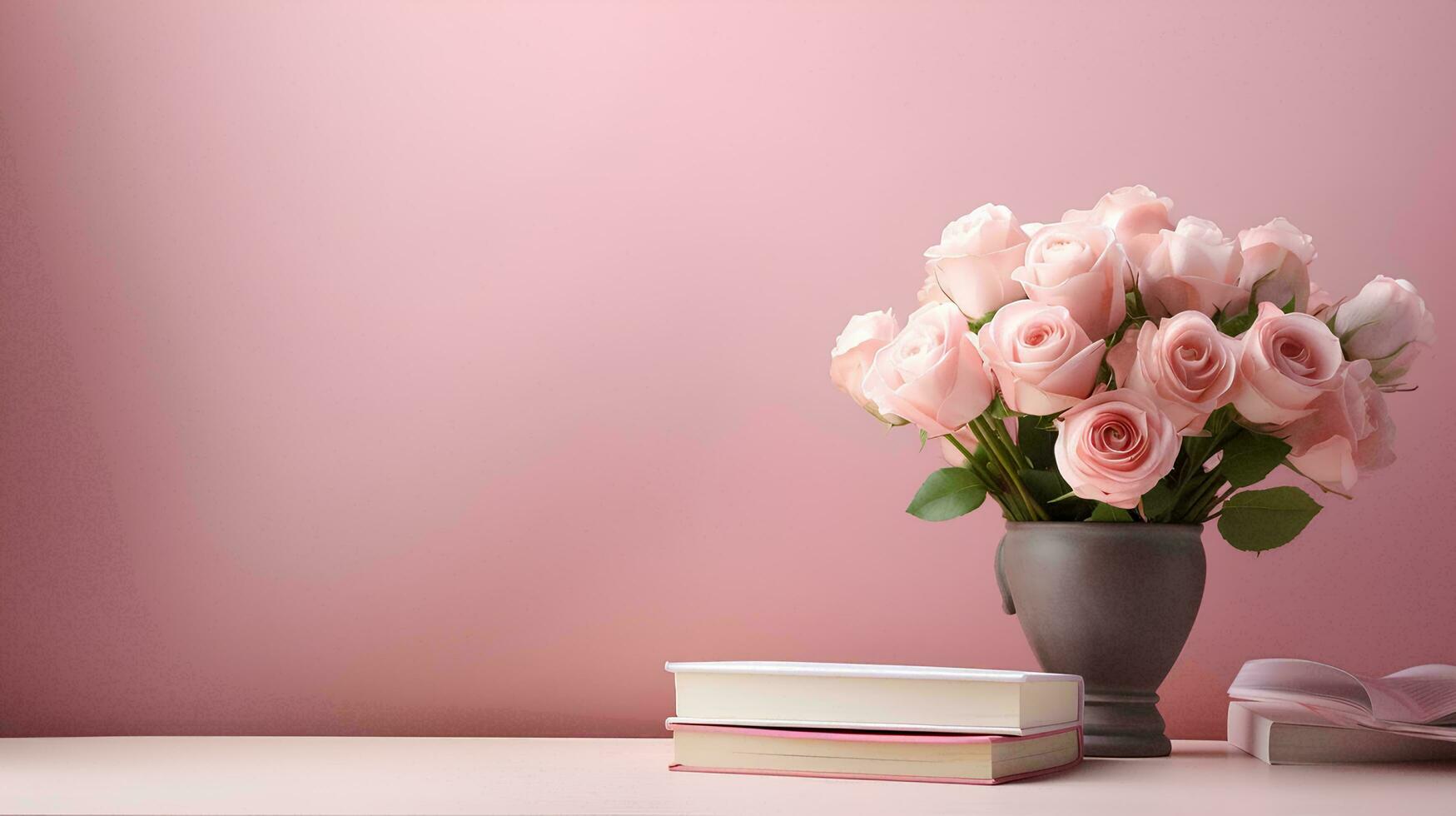 diseño para un bandera de un Rosa y un libro en un mesa y cerca un rosado muro, ai generativo foto