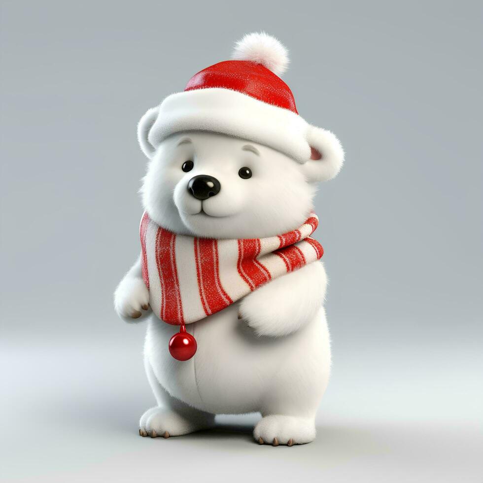 Christmas white bear with Santa hat and Christmas scarf 3D, AI Generative photo