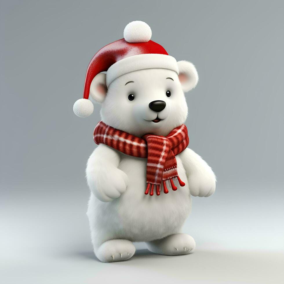 Christmas white bear with Santa hat and Christmas scarf 3D, AI Generative photo