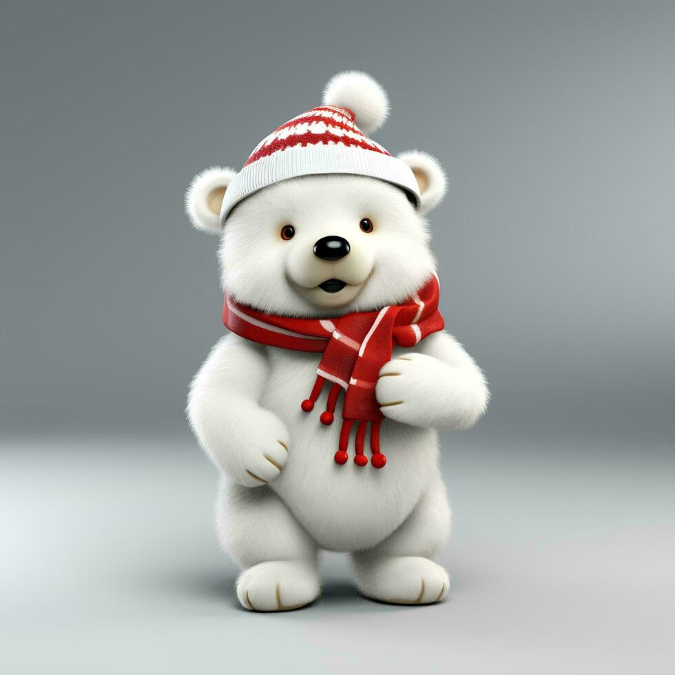 Christmas white bear with Santa hat and Christmas scarf 3D, AI Generative photo