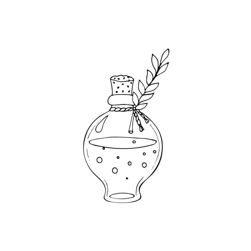 Glass bottle with potion, magic elixir. Hand drawn Illustration for witches. Halloween alchemy. Magic glass bottle with cork and herb. vector