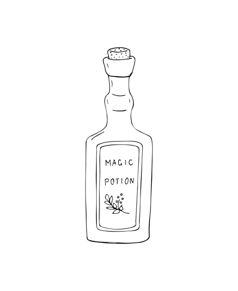 Hand-drawn Magic Potion bottle.  Magic elixir bottle. Illustration of the magic bottle with cork. Vector illustration isolated on a white background. Hand drawn Illustration for witches.