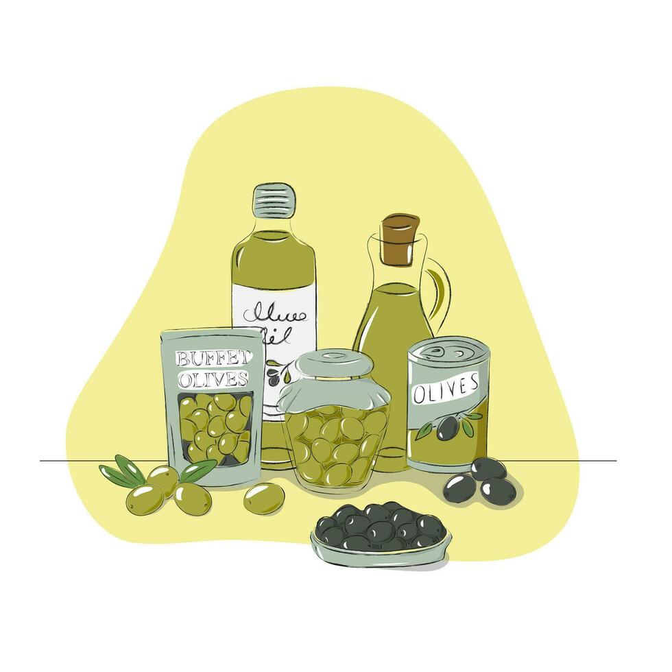 Olive products illustration, olive oil in the bottle, canned olives, olives for buffet, olives on the plate, and green olives canned in the glass jar. vector