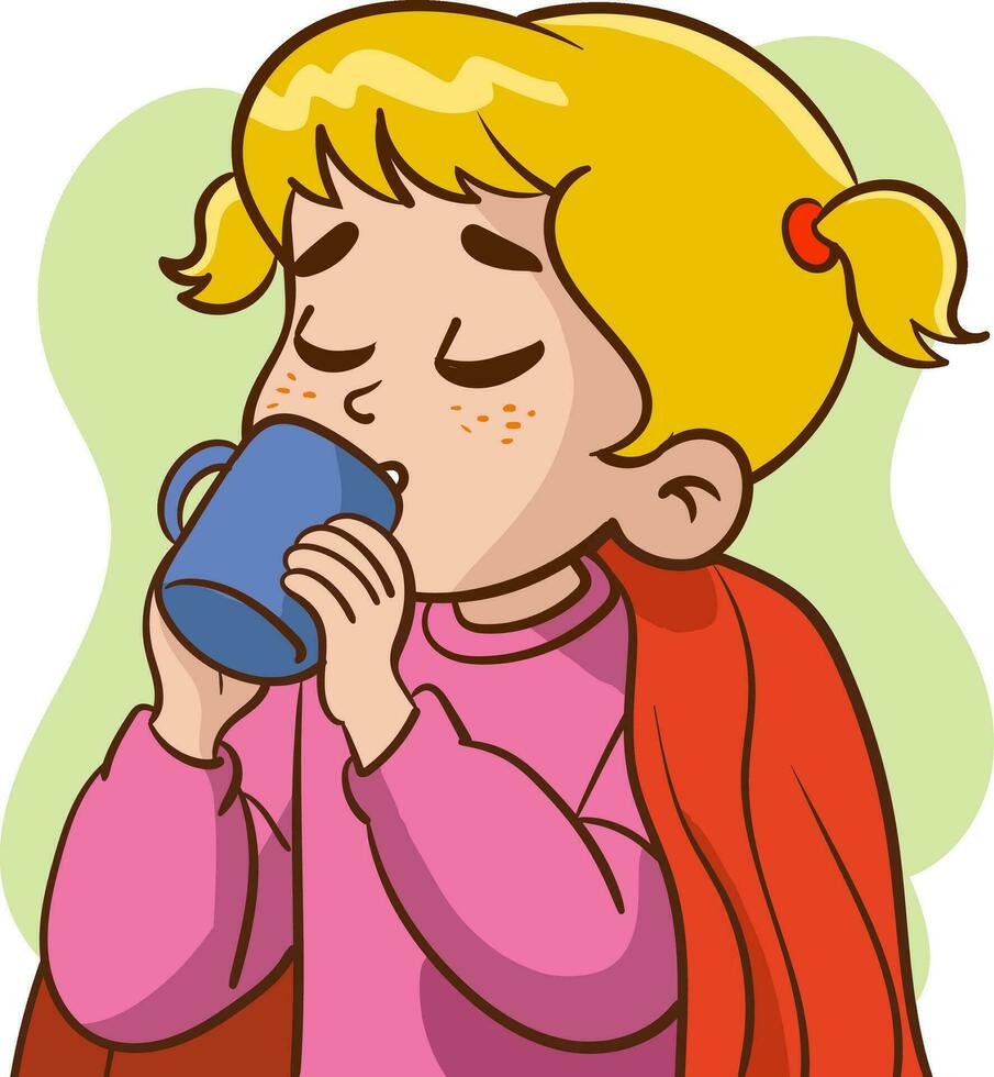 vector illustration of sick boy drinking hot tea