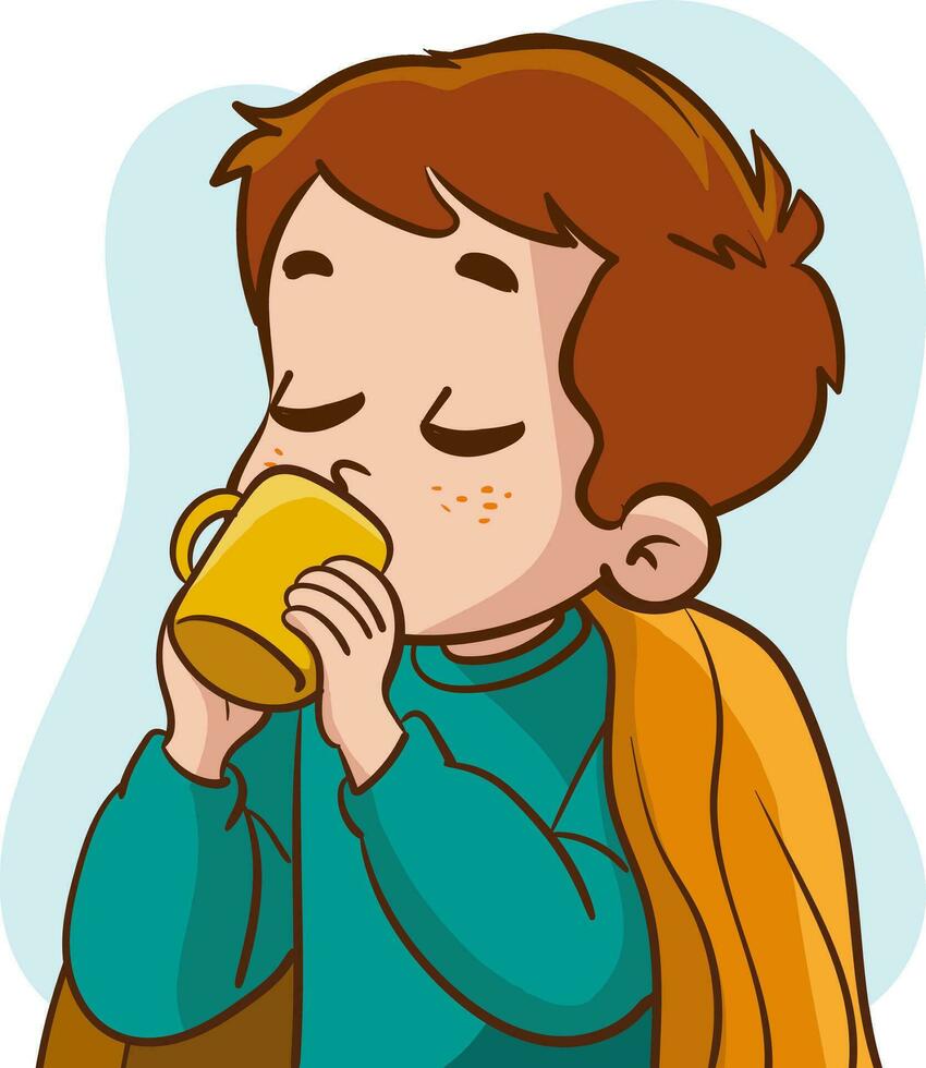 vector illustration of sick boy drinking hot tea