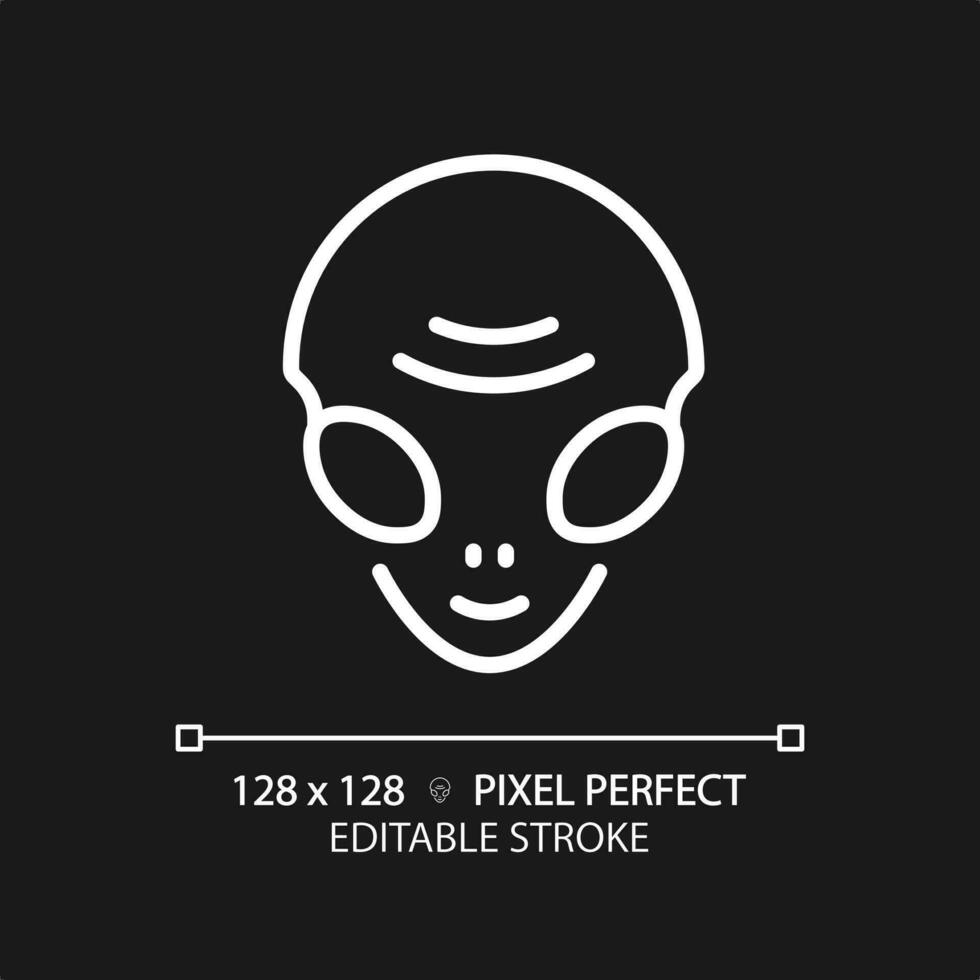 Alien face pixel perfect white linear icon for dark theme. Extraterrestrial life. Ufo sighting. Paranormal activity. Thin line illustration. Isolated symbol for night mode. Editable stroke vector