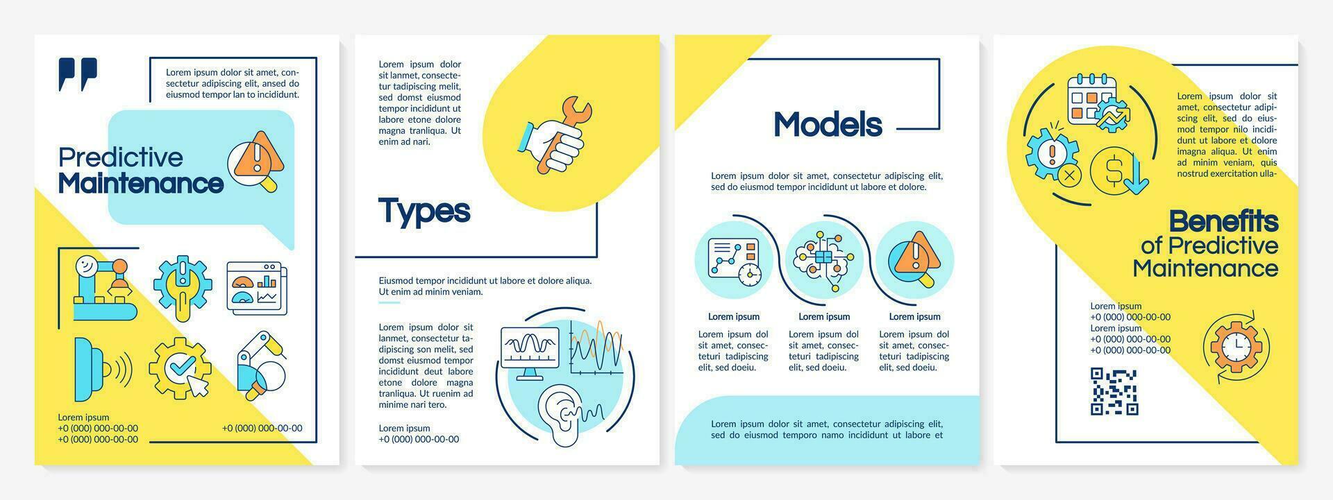 Predictive maintenance multicolor brochure template, leaflet design with simple thin line icons, 4 vector layouts.