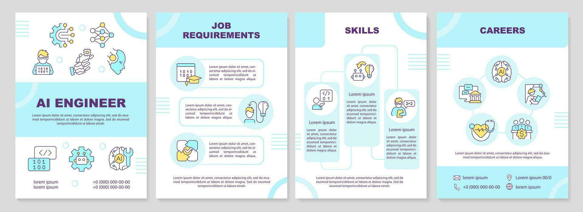 2D AI engineer blue brochure template, leaflet design with thin line icons, 4 vector layouts.