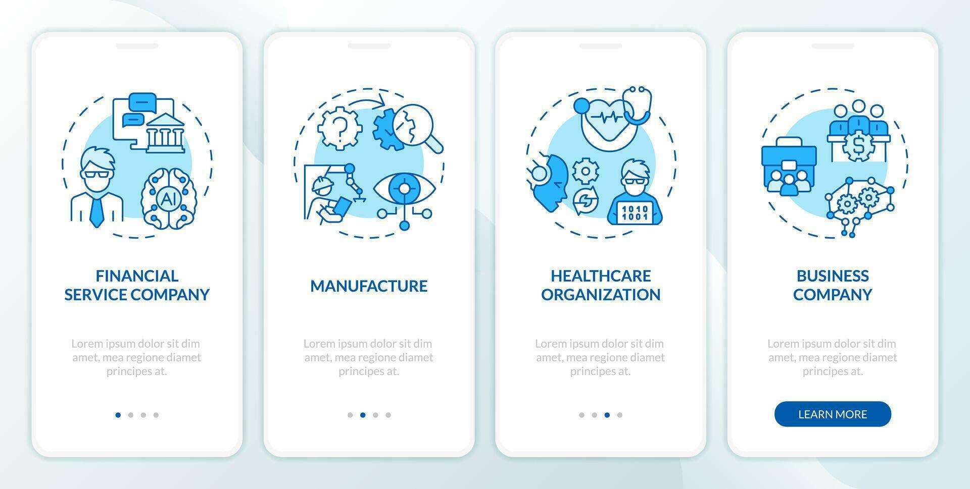 2D icons representing AI engineer mobile app screen set. Walkthrough 4 steps blue graphic instructions with line icons concept, UI, UX, GUI template. vector