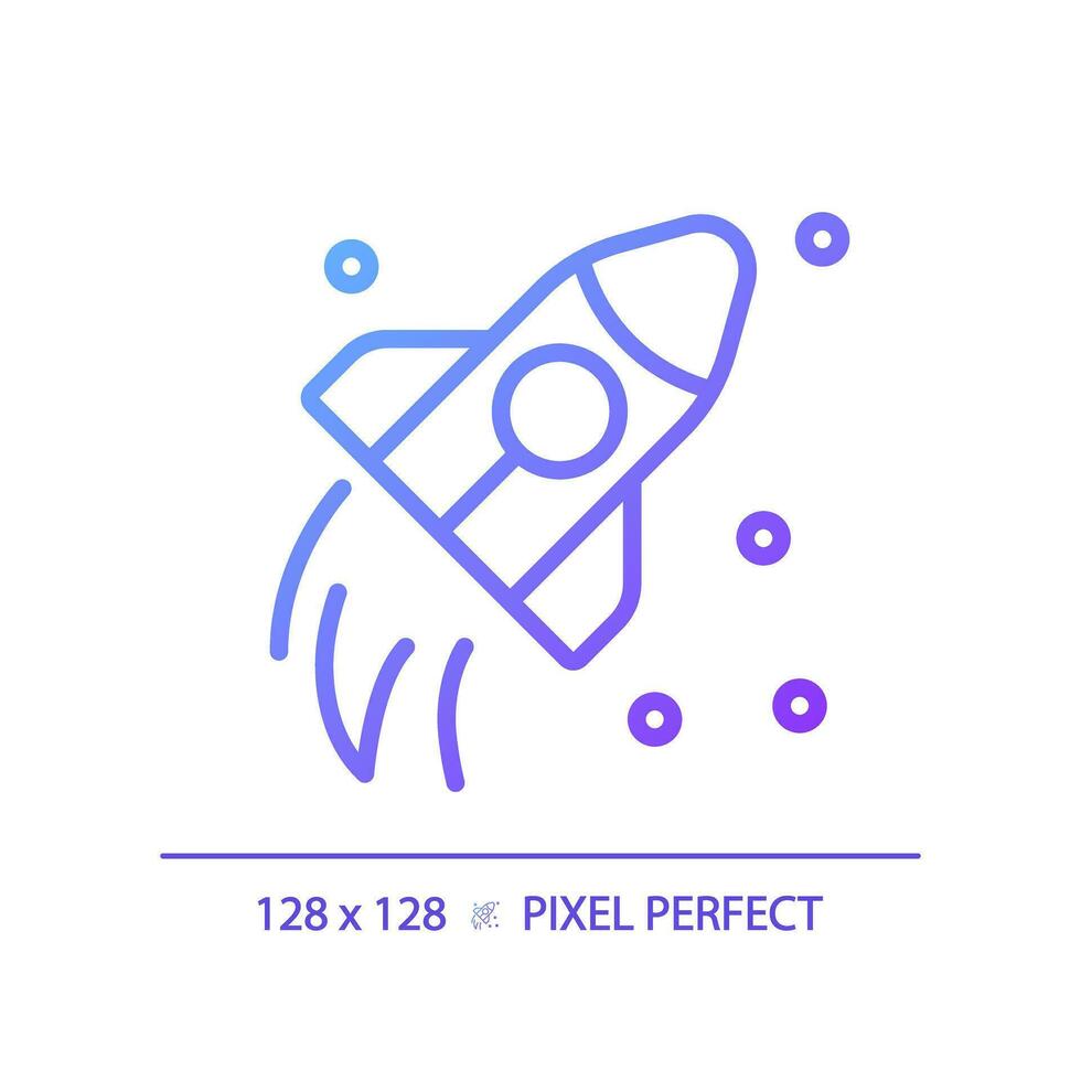 Space travel pixel perfect gradient linear vector icon. Cosmic journey. Rocket flying. Aerospace technology. Thin line color symbol. Modern style pictogram. Vector isolated outline drawing