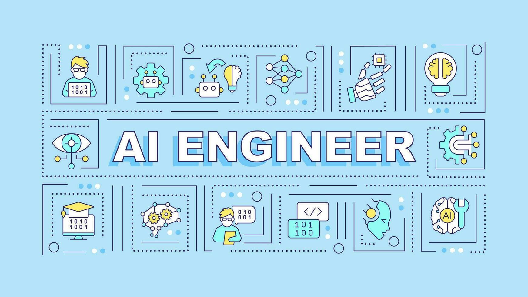 AI engineer text with various thin linear icons concept on blue monochromatic background, editable 2D vector illustration.