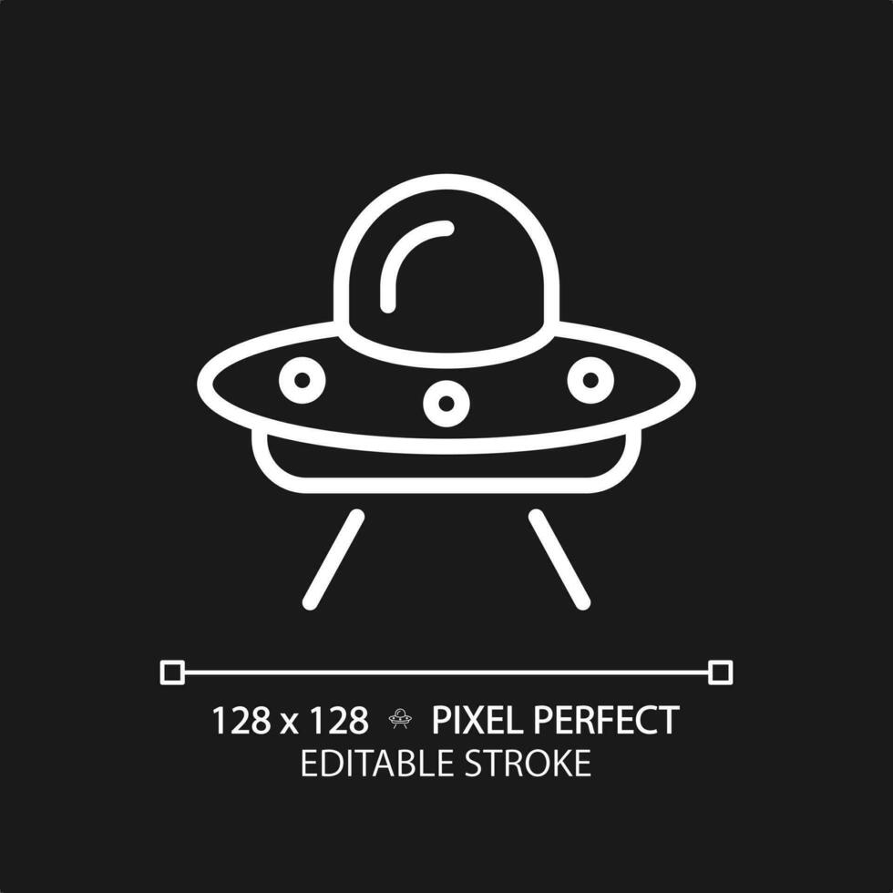 Ufo pixel perfect white linear icon for dark theme. Unidentified flying object. Extraterrestrial life. I want to believe. Thin line illustration. Isolated symbol for night mode. Editable stroke vector