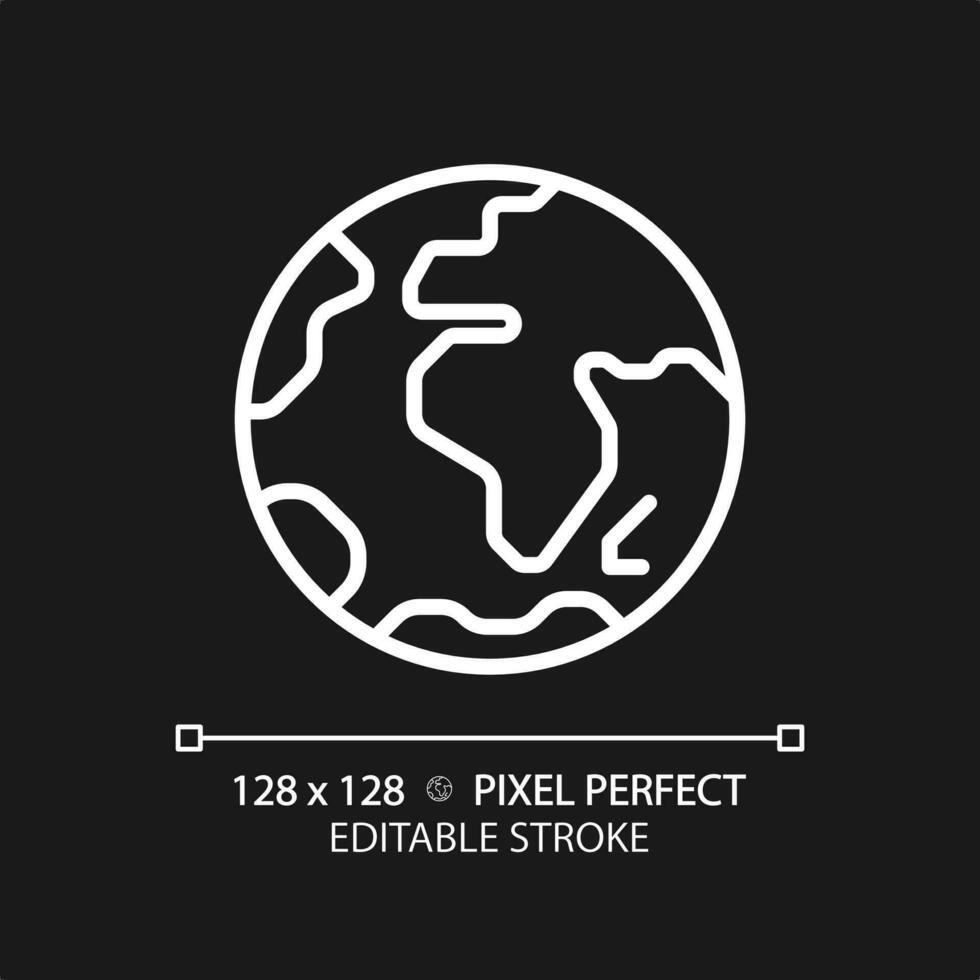 Earth planet pixel perfect white linear icon for dark theme. Environmental science. Natural resources. Climate change. Thin line illustration. Isolated symbol for night mode. Editable stroke vector