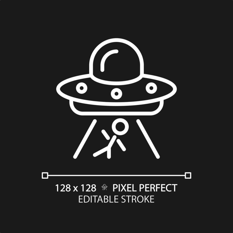 Alien abduction pixel perfect white linear icon for dark theme. Mind control. Ufo encounter. Unidentified flying object. Thin line illustration. Isolated symbol for night mode. Editable stroke vector