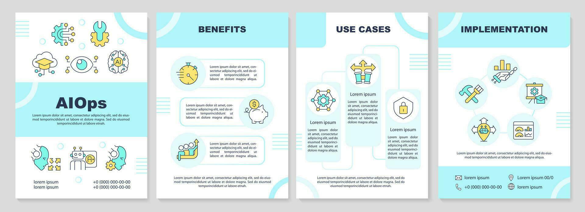 2D AI ops multicolor brochure template, leaflet design with thin line icons, 4 vector layouts.