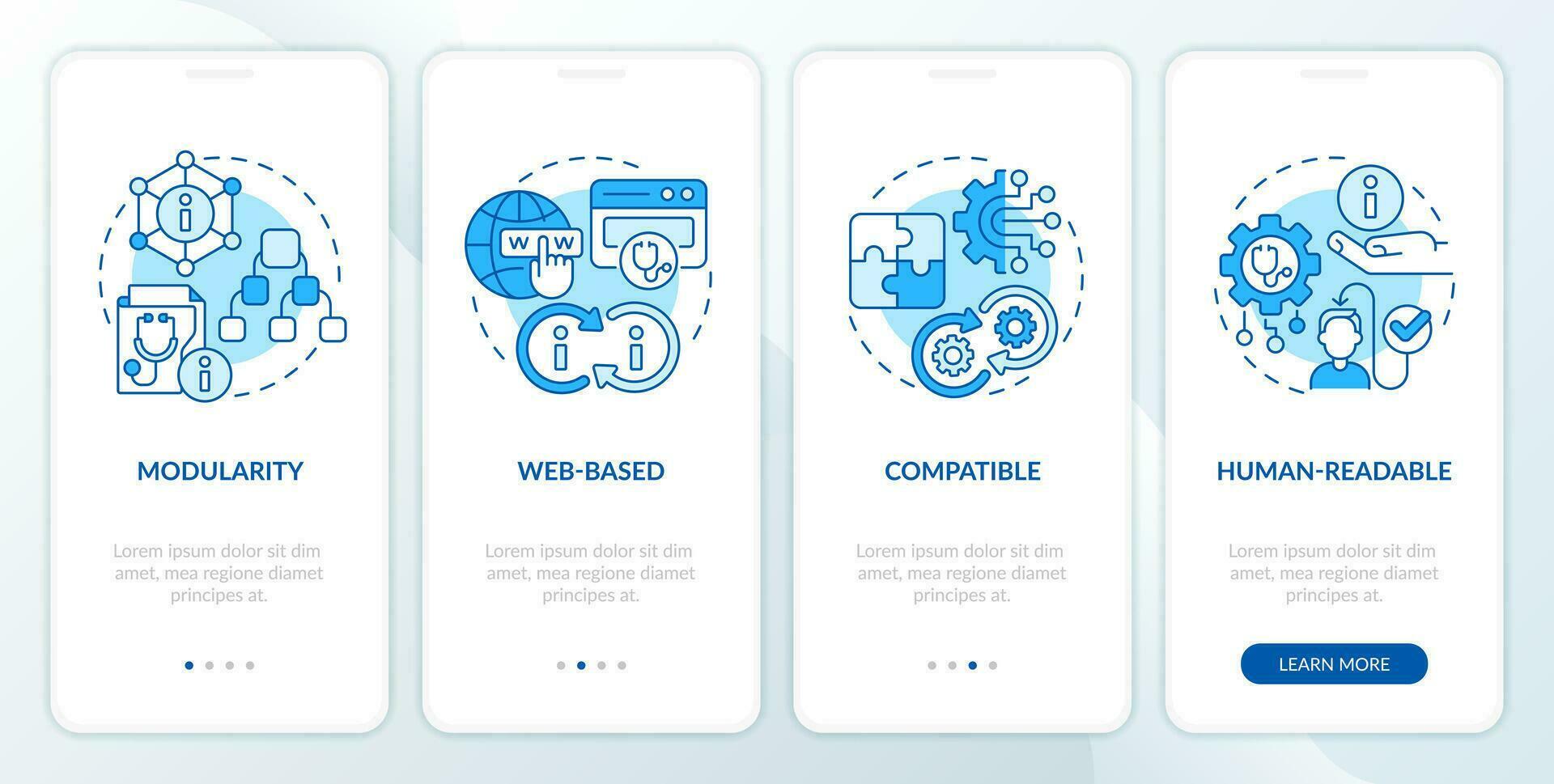 2D icons representing health interoperability resources mobile app screen set. Walkthrough 4 steps blue graphic instructions with thin line icons concept, UI, UX, GUI template. vector