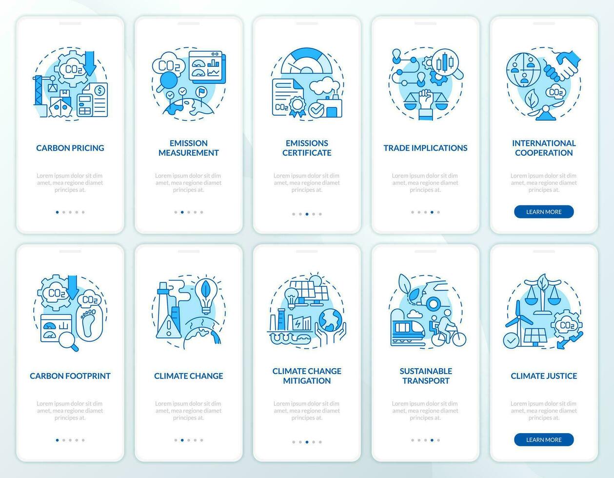 2D blue icons representing carbon border adjustment mobile app screen set. Walkthrough 5 steps graphic instructions with linear concepts, UI, UX, GUI template. vector