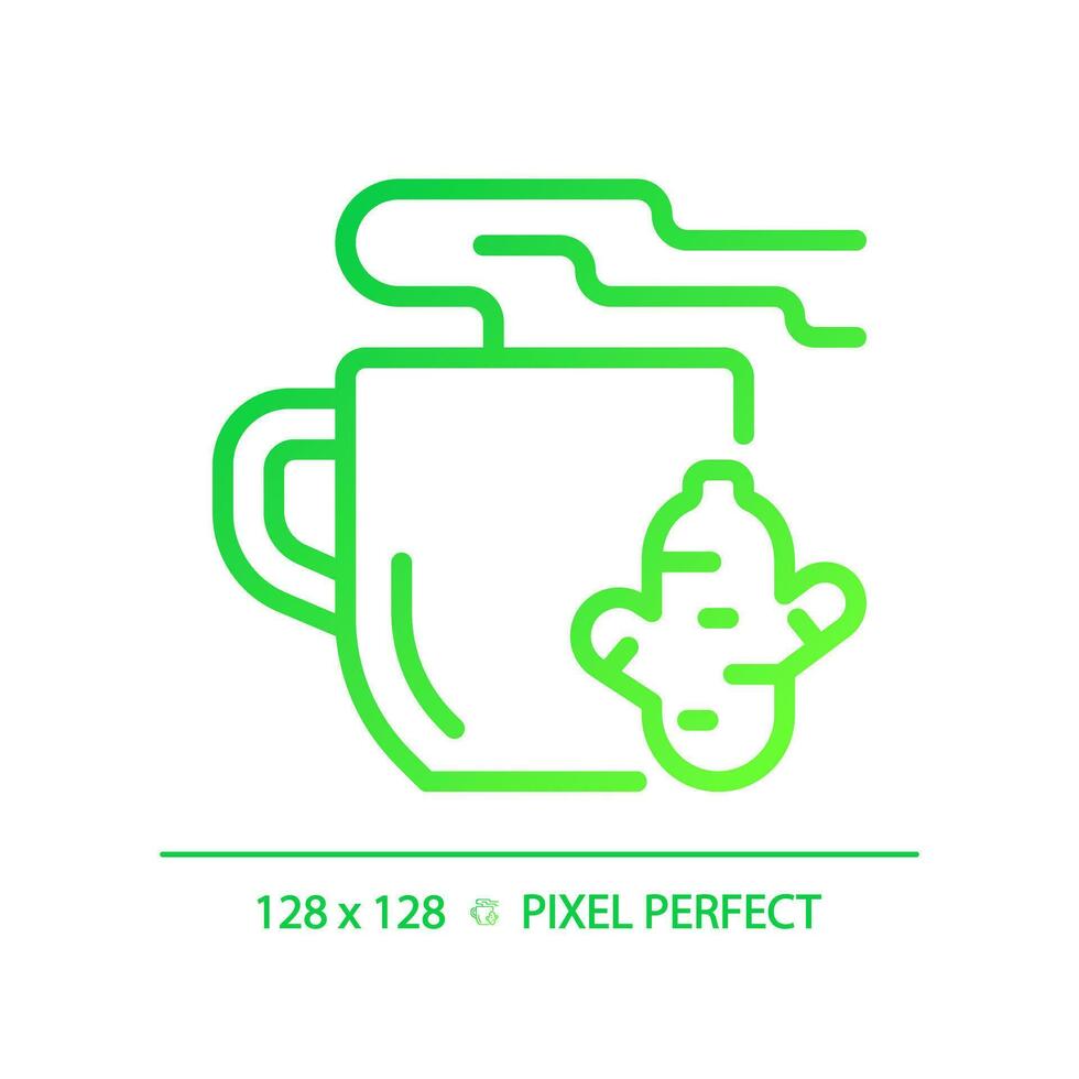 2D pixel perfect gradient ginger tea icon, isolated vector, thin line green illustration representing allergen free. vector