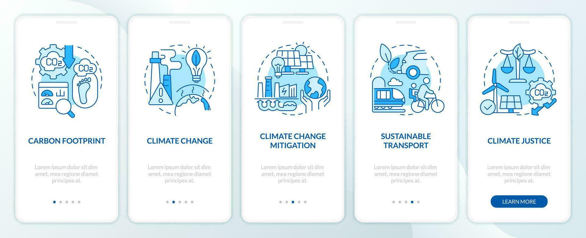 Blue linear icons representing carbon border adjustment mobile app screen set. 5 steps graphic instructions, UI, UX, GUI template. vector