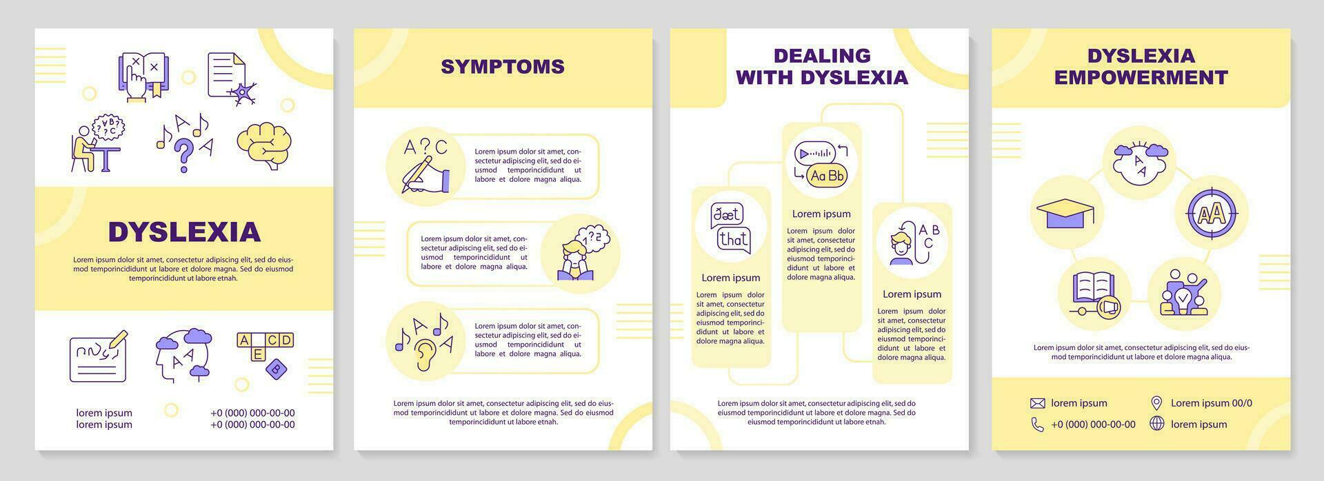 2D dyslexia yellow brochure template, leaflet design with thin line icons, 4 vector layouts.