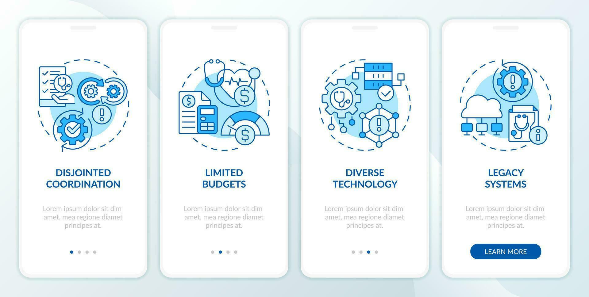 2D icons representing health interoperability resources mobile app screen set. Walkthrough 4 steps blue graphic instructions with linear icons concept, UI, UX, GUI template. vector