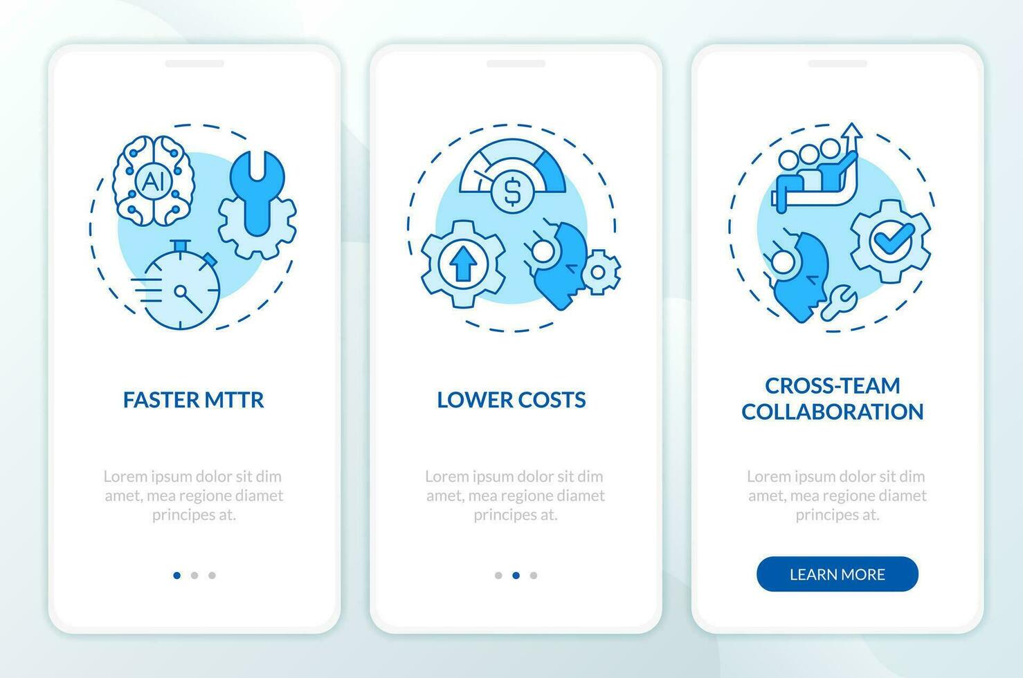 2d íconos representando ai operaciones móvil aplicación pantalla colocar. recorrido 3 pasos azul gráfico instrucciones con línea íconos concepto, ui, ux, gui modelo. vector