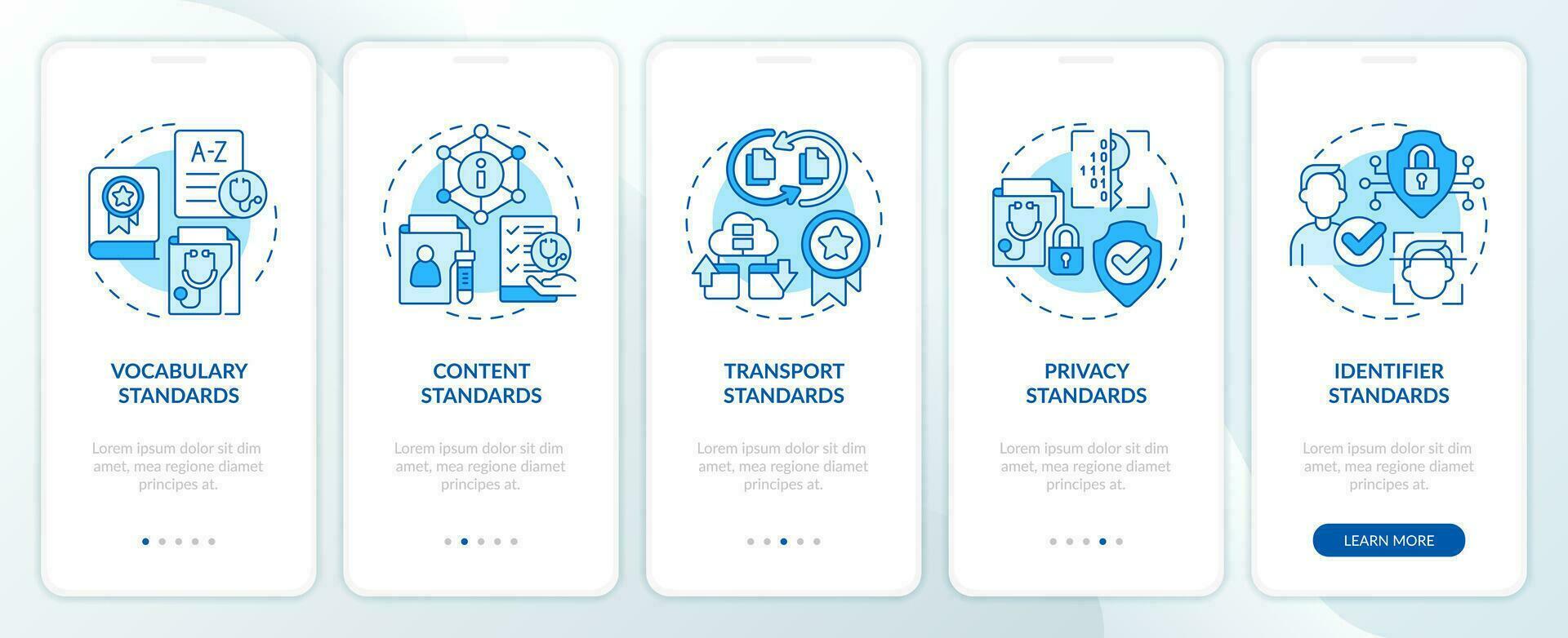 múltiple íconos representando salud interoperabilidad recursos móvil aplicación pantalla colocar. recorrido 5 5 pasos gráfico instrucciones con Delgado línea íconos concepto, ui, ux, gui modelo. vector