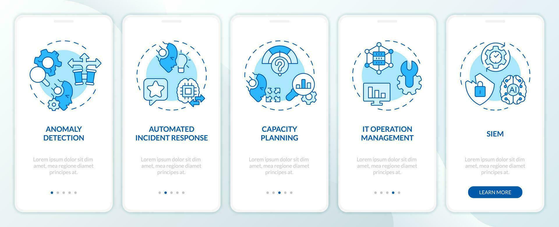 2D icons representing AI ops mobile app screen set. Walkthrough 5 steps blue graphic instructions with line icons concept, UI, UX, GUI template. vector