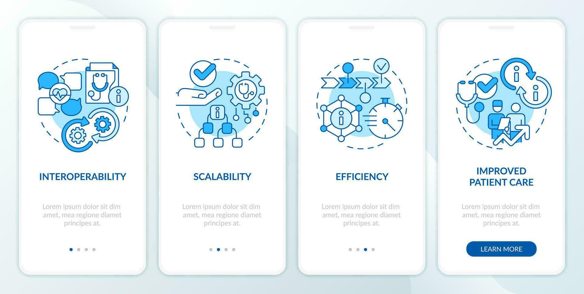 2d azul íconos representando salud interoperabilidad recursos móvil aplicación pantalla colocar. recorrido 4 4 pasos gráfico instrucciones con Delgado línea íconos concepto, ui, ux, gui modelo. vector