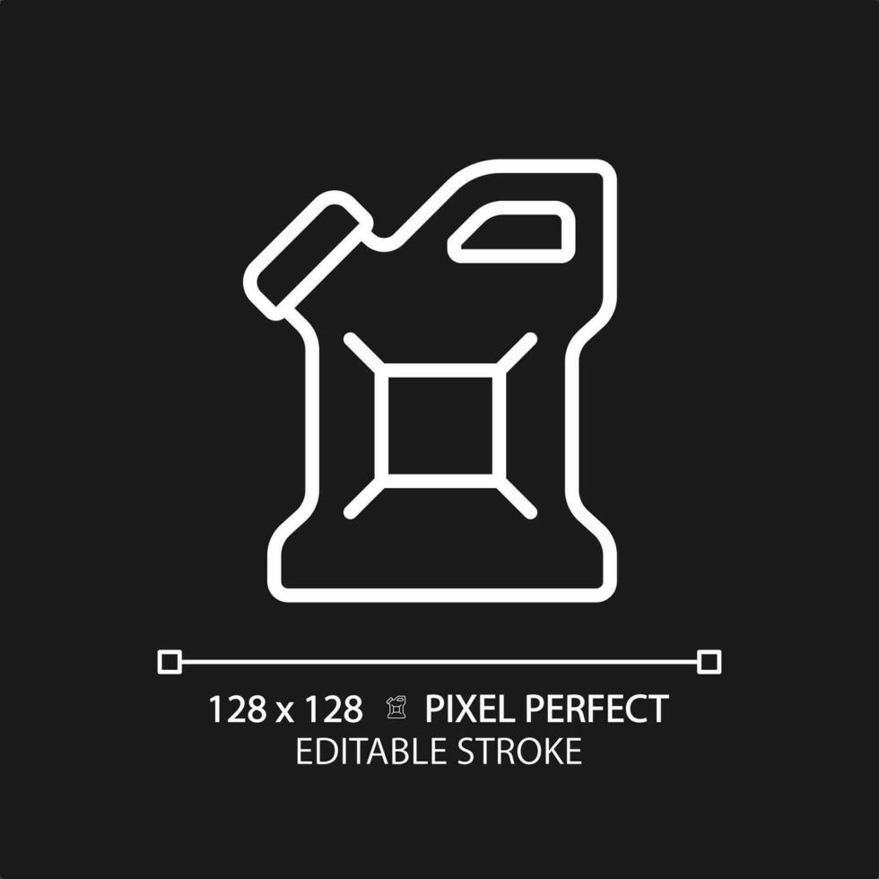 Jerrycan white linear icon for dark theme. Plastic canister. Jerry can. Motor oil bottle. Fuel container. Diesel can. Thin line illustration. Isolated symbol for night mode. Editable stroke vector