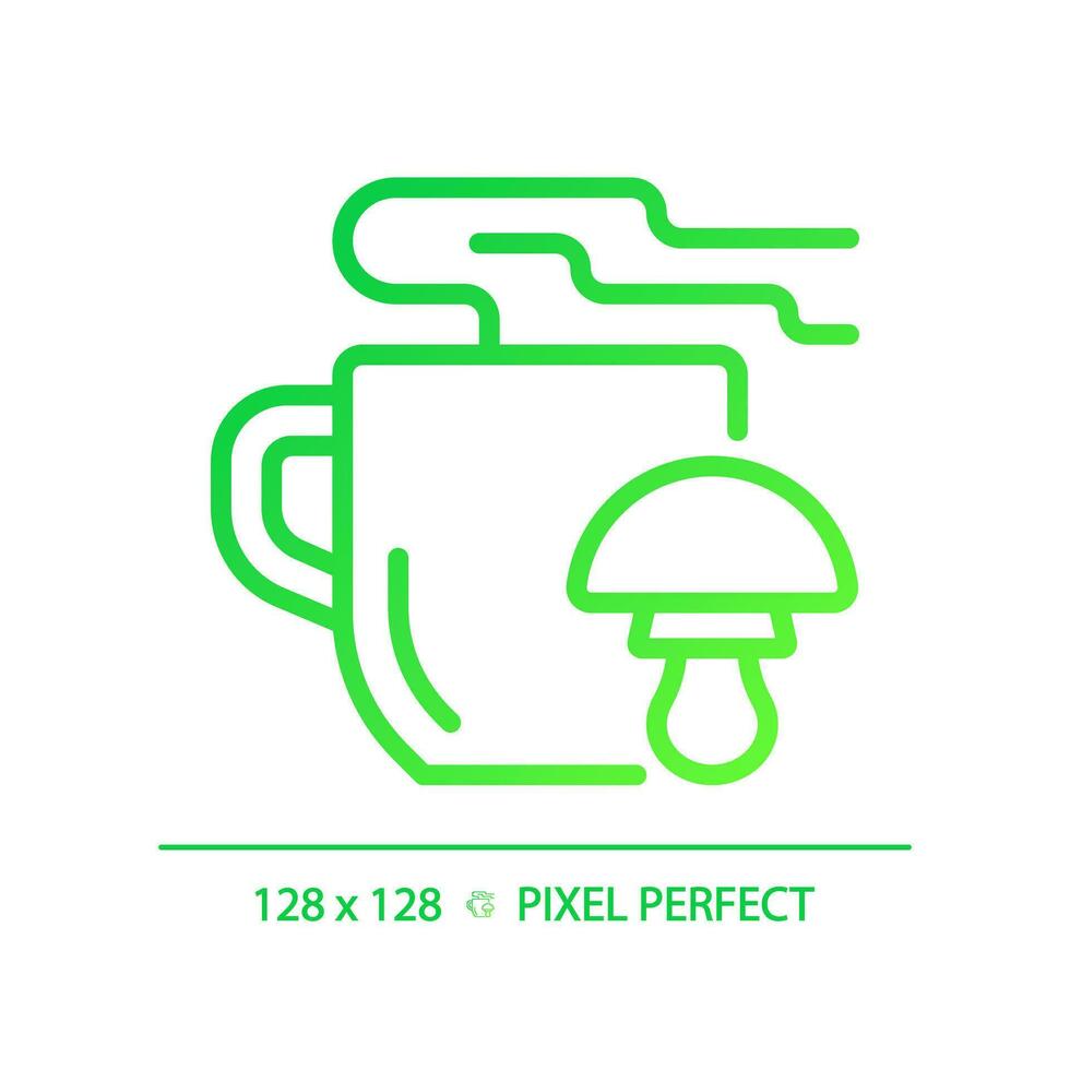 2D pixel perfect gradient mushroom tea icon, isolated vector, thin line green illustration representing allergen free. vector