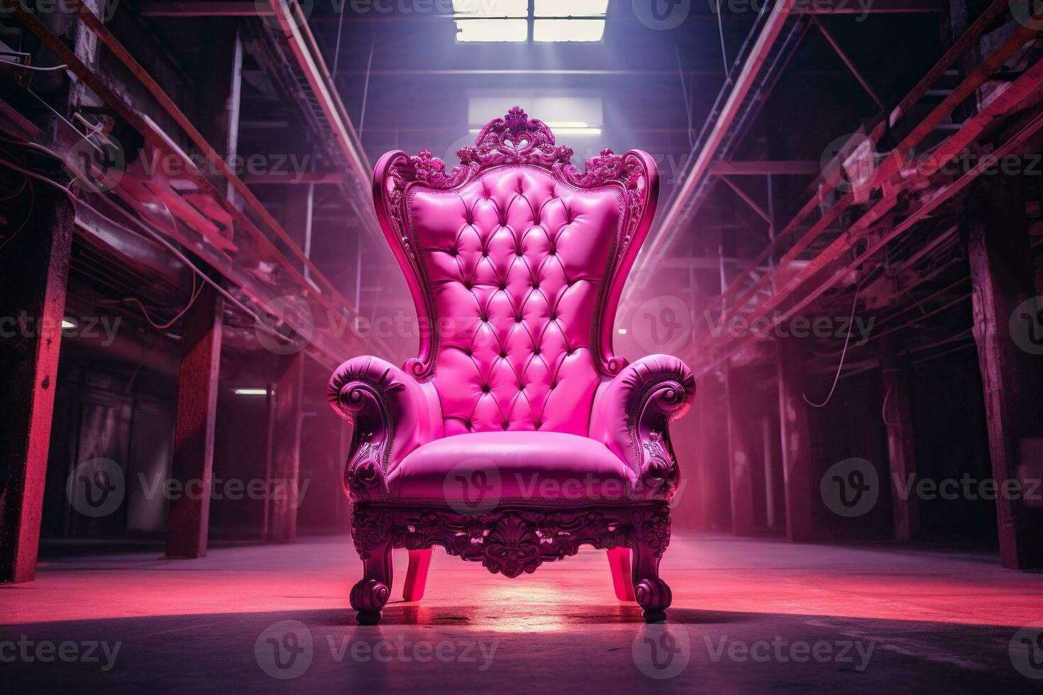 Luxurious pink chair with pink lighting and neon illumination in a spacious room. Generative AI photo