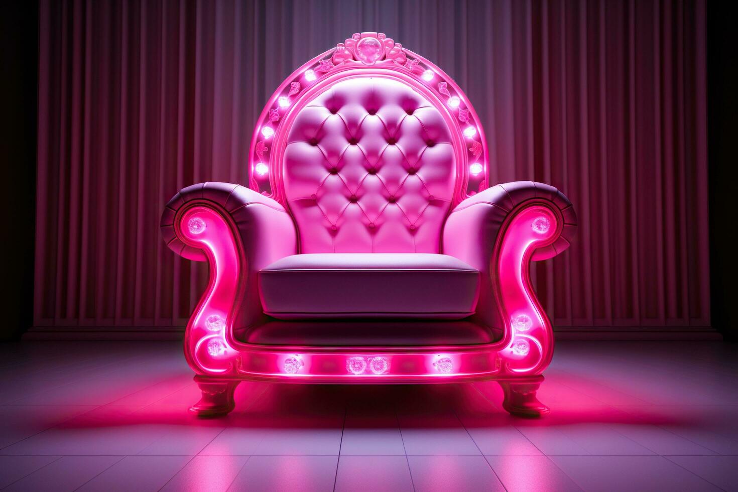 Luxurious pink chair with pink lighting and neon illumination in a spacious room. Generative AI photo