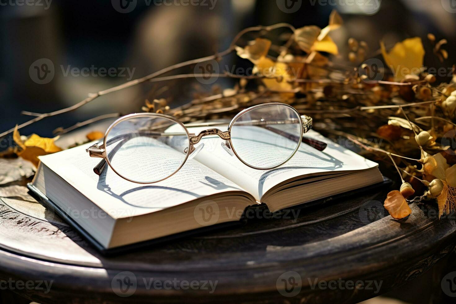 Glasses on an open book on an autumn background. Generated by artificial intelligence photo