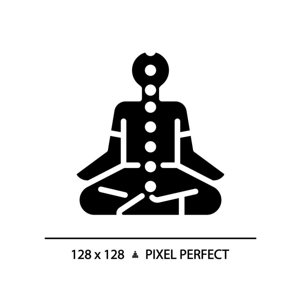 2d píxel Perfecto silueta glifo estilo meditando icono, aislado vector, meditación ilustración, sólido pictograma. vector