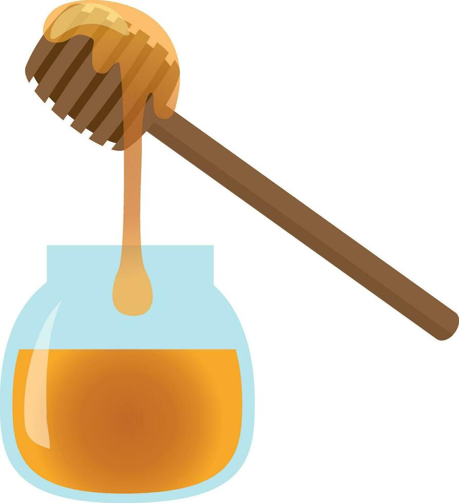 realistic isolated vector honey jar and stick with liquid honey flowing in a puddle