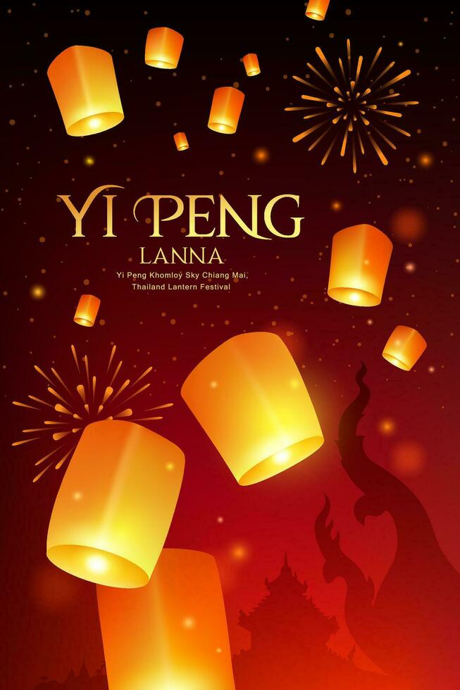 Floating lantern, Loy Krathong and Yi Peng lantern festival in Chiang Mai, thailand, poster flyer on firework righting night background, Eps 10 vector illustration