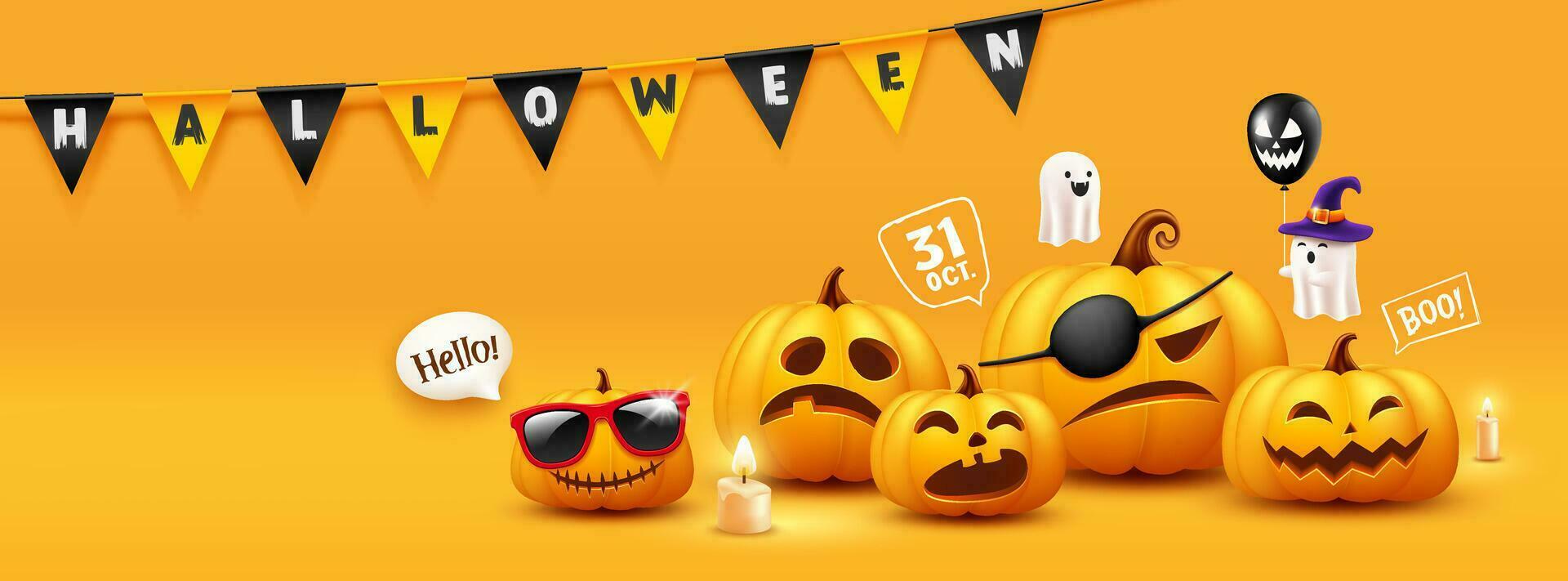 Happy Halloween, Pumpkins face action, smiling and scary face collections, pennant colorful flag , banner design on yellow background, Eps 10 vector illustration
