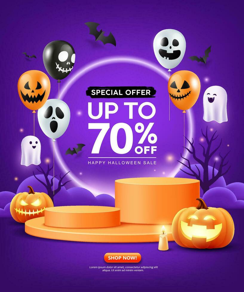 Happy Halloween, pruple three overlapping podiums, pumpkin, balloons, ghost, candle, and bat flying, poster flyer design on purple background, Eps 10 vector illustration